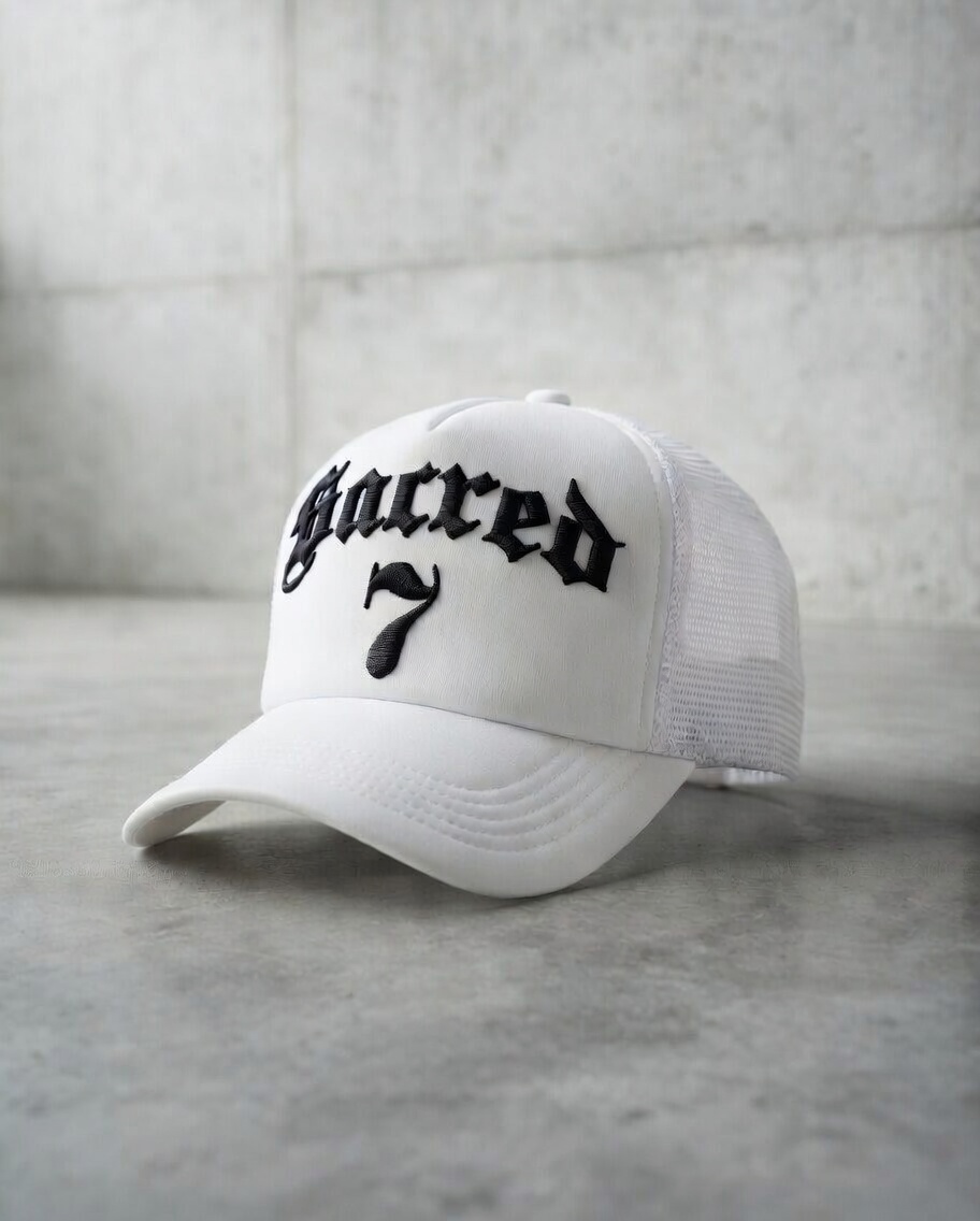 Sacred 7 Embroidered Trucker - White & Black